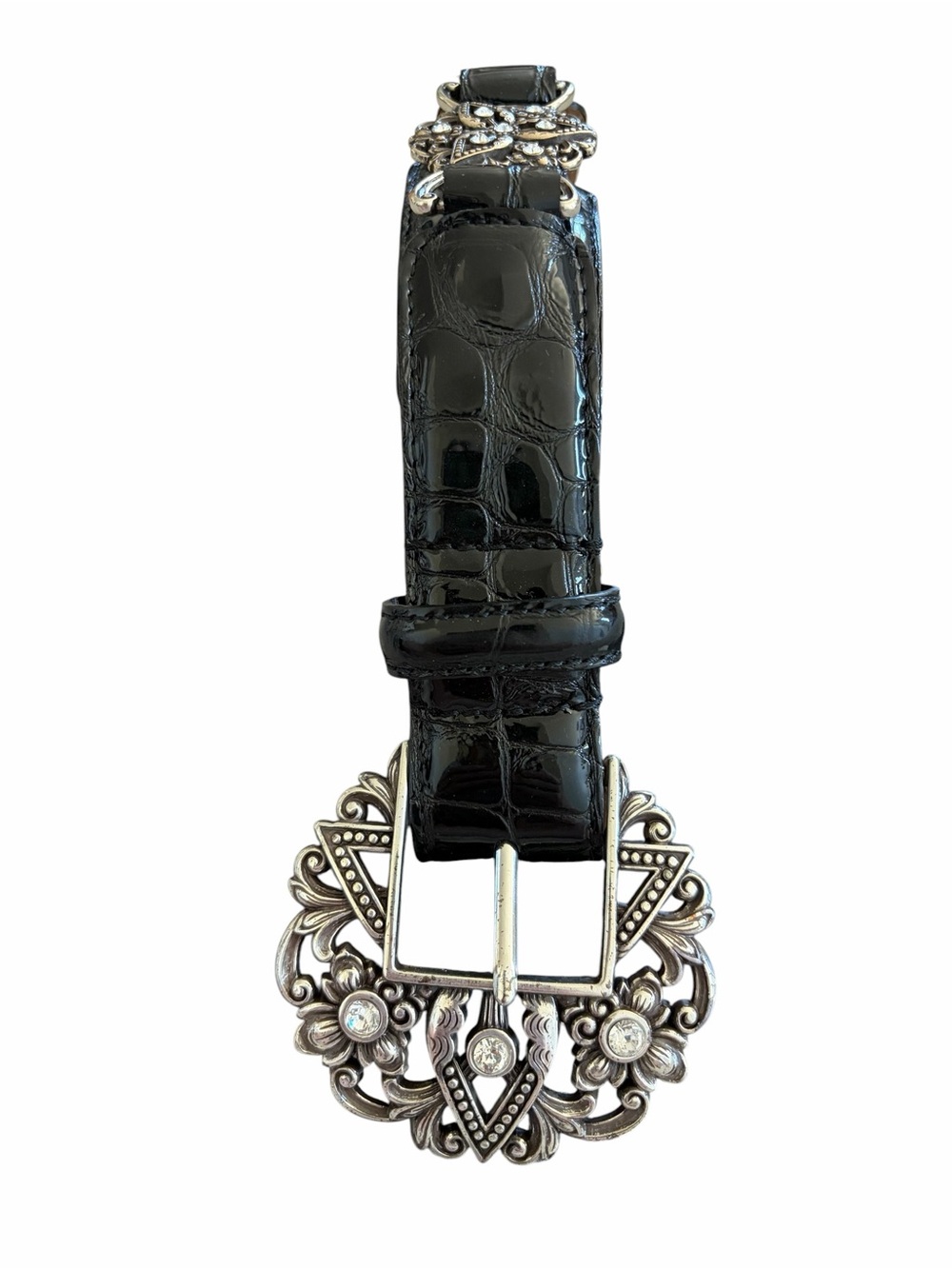 Vintage Brighton Black Croc Embossed Leather Belt Silver Crystal Buckle Size 32 - Picture 1 of 13